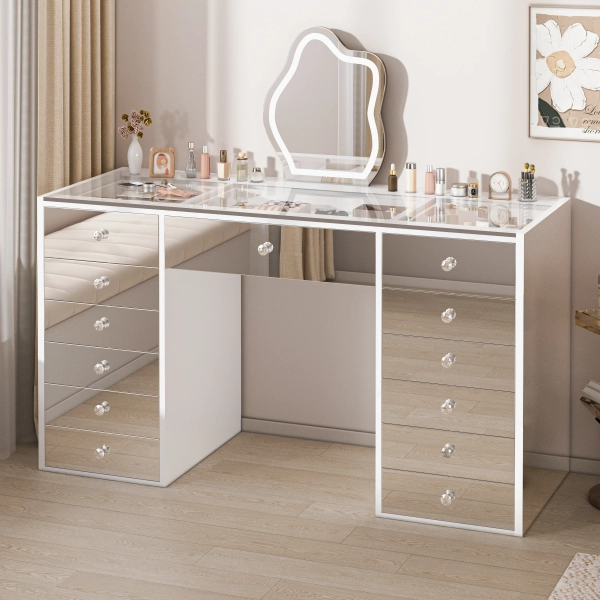 51.3 In. Mirrored Glass Makeup Vanity Table With 13 Drawers