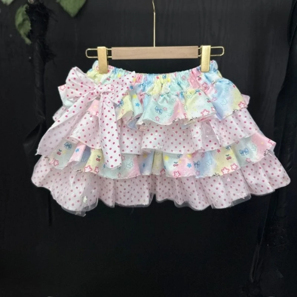 Japanese Sweet Lolita Print Mini Skirt Women Kawaii Colorful Splicing Design Polka Dot Short Skirt Y2K Cute Bow Puffy Cake Skirt - AliExpress 200000345