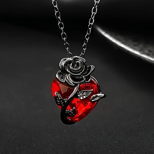 TEMU 1pc Gothic Y2k Red Heart & Rose Pendant Necklace - Gunmetal-plated () Punk Jewelry Suitable For , Edgy Romantic Gift For Parties, Casual Attire,