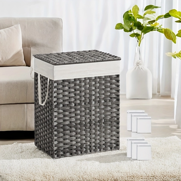 90L Laundry Hamper with Lid Laundry Clothes Hamper with 2 Removable Liner Bags Wicker Double Laundry Basket for Bathroom Gray