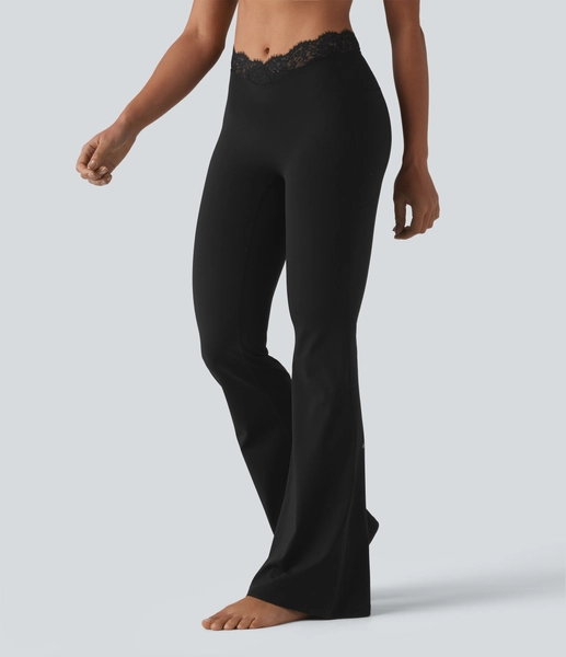 Black Halara UltraSculptβ’ V-Shaped High Waisted Contrast Lace Yoga Flare Leggings with Pockets