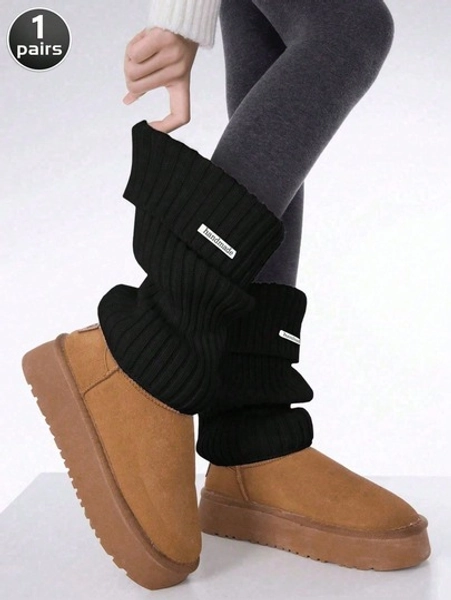 80's Women Solid Color Knitted Leg Warmers With Metal Tag (The Text On The Metal Tag Is Random), Ribbed Leg , For Outdoor Wear Fashion Accessories, Casual Wear In Autumn/Winter, Y2k, Cozy
