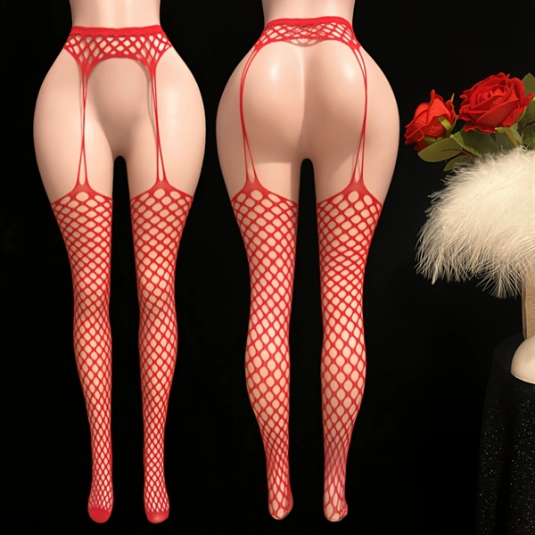 1pc Women's Sexy Sheer Fishnet Stockings with Thigh-High Opening & Open-Toe Design - Red Lace-Like Pattern, Comfortable Fit for Lingerie, Nightclub Outfits, Themed Events - Machine Washable