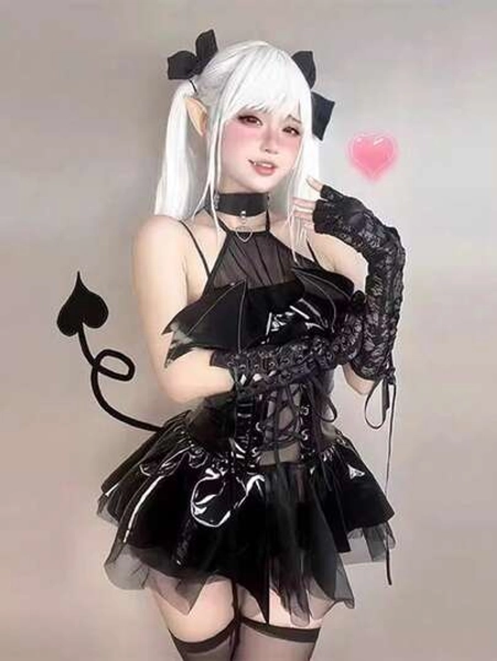 1 Set (Collar*1 + Dress*1) Sexy Teddy Bear Lingerie, Halloween Cosplay Lolita Sexy Witch Demon Babe Costume - Size S