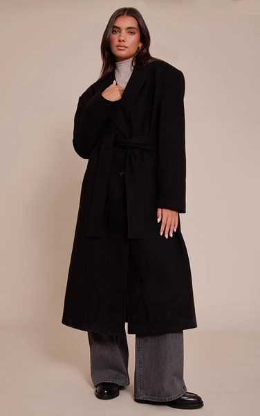 Black Single Breasted Self Tie Wool Look Maxi Coat/ M