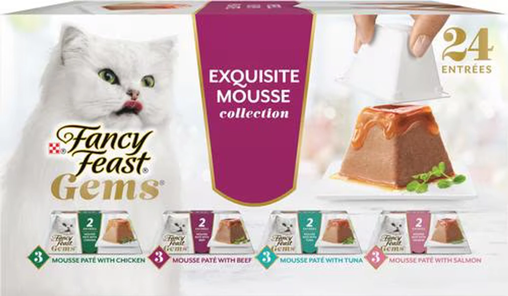 FANCY FEAST Gems Mousse Salmon, Tuna, Chicken & Beef Halo of Savory Gravy Variety Pack Pate Wet Cat Food, 2-oz tray, 24 count - Chewy.com