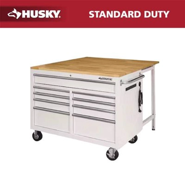 Husky Tool Storage 46 in. W x 51 in. D Standard Duty Gloss White Mobile Workbench Cabinet with Solid Wood Top