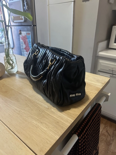 MIU MIU Pleated Leather Black Gold Hardware Handbag