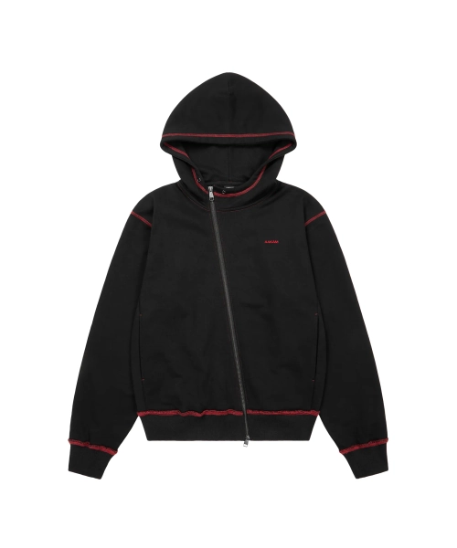 Oblique Zippered Cotton Zip-Up (Black)