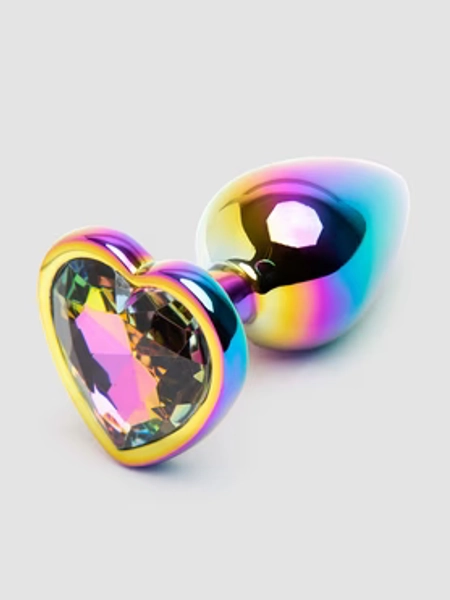 Rear Assets Small Jeweled Rainbow Heart Aluminum Butt Plug 2 Inch