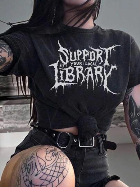 SHEIN CURVE+ Plus Size Death Metal Graphic T-Shirt, Support Your Local Library, Librarian Gift, Comfortable Gothic Color T-Shirt, Custom Metal Tee, Dark Academia Aesthetic Women T-Shirt