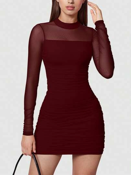 OQQ Womenswear Mini Bodycon Mesh Sheer Long Sleeve Dress Short Soft Pleated Party Basic Casual Dress Elegant Minimalist Outfit