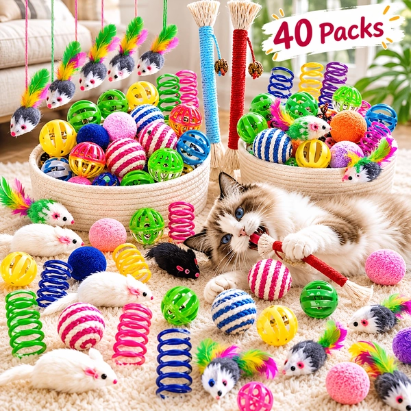 40pcs Cat Toys Set, Supper Value Interactive Play Kitten - Includes 14 Springs, 8 Plush Mice, 8 Bell Balls, 4 Rope Balls, 4 Yarn Balls & 2 Pet