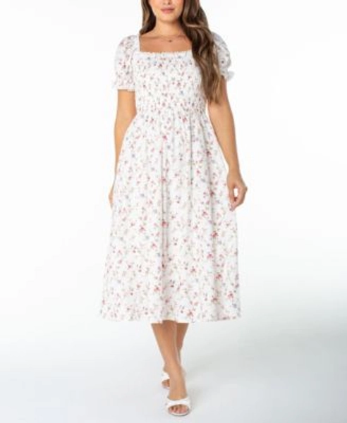 Juniors' Textured Floral Printed Puff-Sleeve Midi Dress