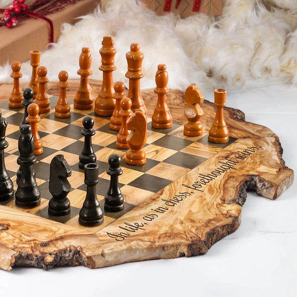 Handmade Olive Wood Chess Set: Rustic Chess Board with Wooden Pieces, Free Personalization