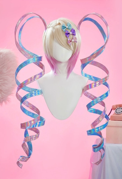 Needy Streamer Overload Ame Cosplay Wig Beige Purple Short Wig with Pink Blue Spiral Headpiece