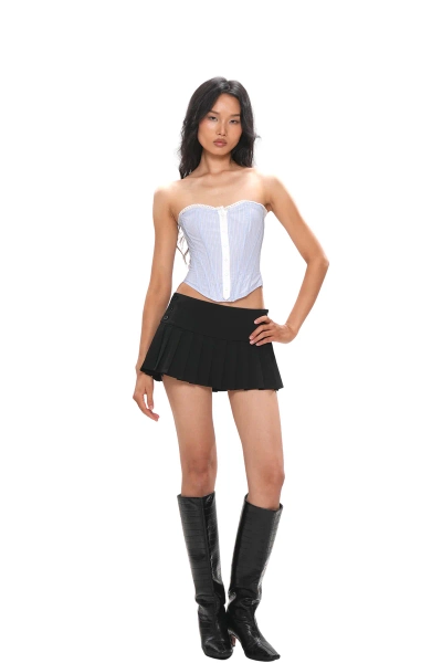 【26 RUNWAY】 STRIPED CROP SHIRT + BONED CINCH CORSET + PLEATED MINI SKIRT