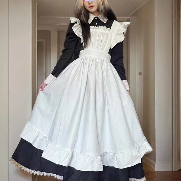 Japanese-Style Cosplay Uniform Everyday Dress, Black and White Traditional Maid Long Dress, British Butler Maid Costume
