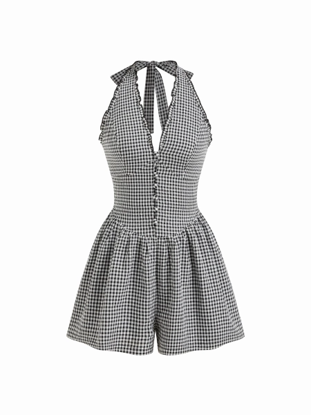 Gingham Halter Neckline Shirred Romper