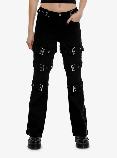 Social Collison Black Grommet Buckle Strap Low-Rise Flare Pants