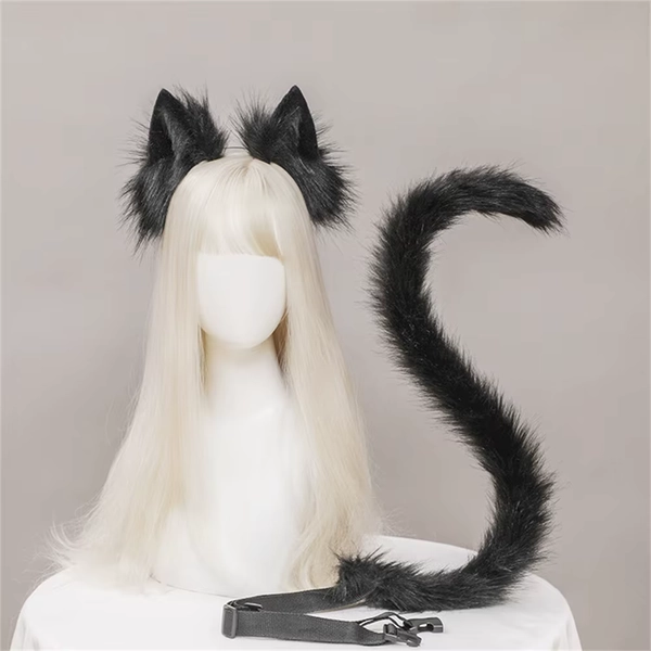 2Pcs/set Plush Cat Ears Tail Set Realistic Lolita Headband Cat Tail Cosplay Props Hand-made Simulation Animal Ears