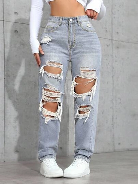 SHEIN ICON Damen Jeans in Große Größen mit hoher Taille, locker geschnitten und abgenutzt mit Knöpfen