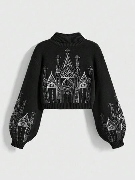 ROMWE Gothic Palace Embroidered Turtleneck Sweater