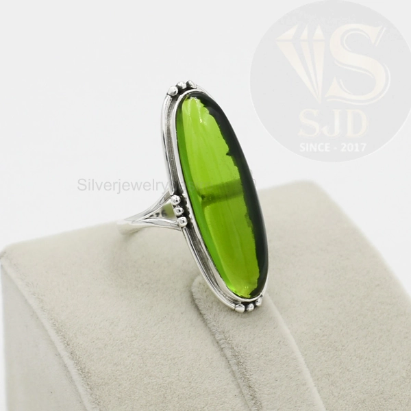 Peridot Quartz Sterling Silver Ring: Long Oval Boho Statement