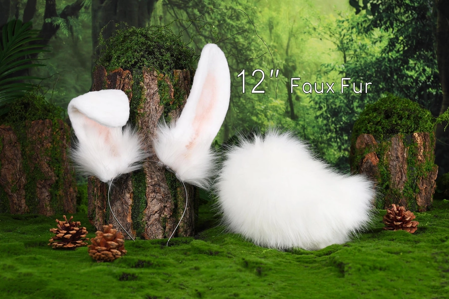 Realistic white faux fur bunny ear and tail set bendable bunny ear cosplay rabbit ear and tail neko ear petplay ear bunnyplay anime cosplay