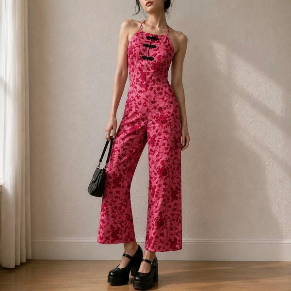 Pomelo pink floral halter jumpsuit coquette y2k...