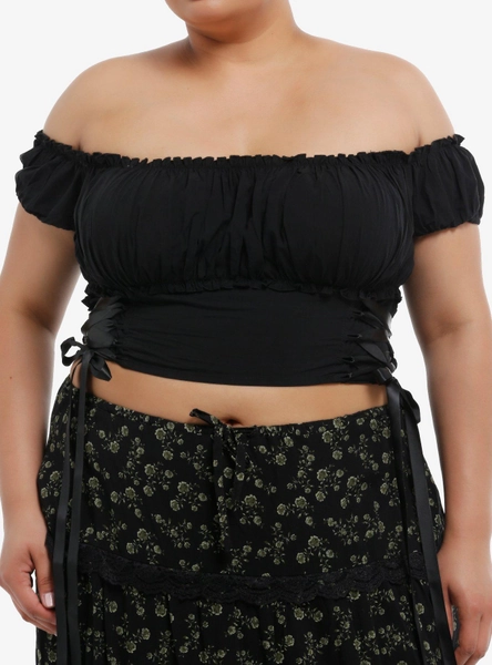 Cosmic Aura Black Lace-Up Girls Off-Shoulder Crop Top Plus Size