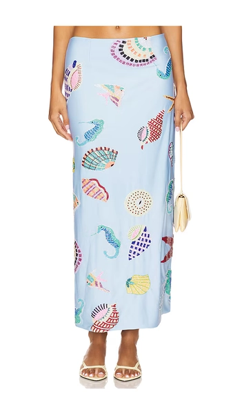 Oceanus Shell Hand Beaded Skirt in Blue. - size S