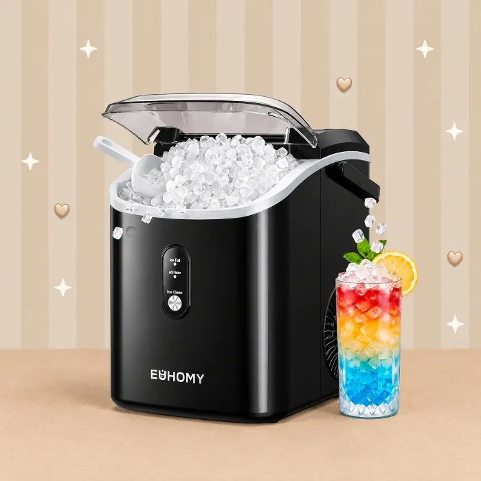 EUHOMY Nugget Ice Maker Countertop with Handle, Ready in 6 Mins, 34lbs Per Day, Removable Top Cover, Auto-Cleaning, Portable Sonic Ice Maker with Basket and Scoop, for Home/Party/RV/Camping (Black) - Black