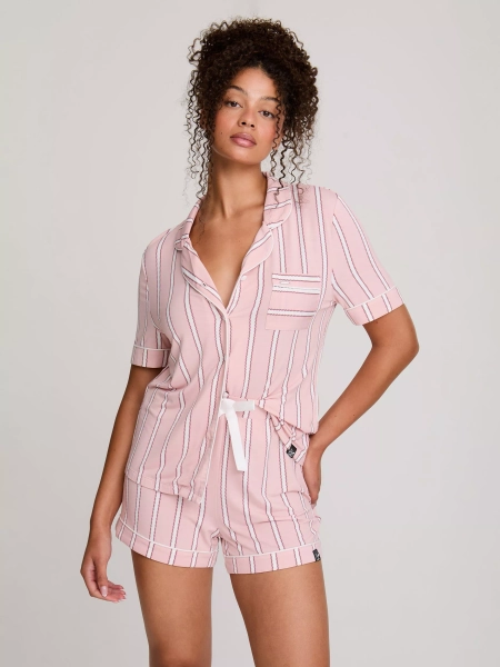 Pretty You London Stripe Bamboo Rich Shorty Pyjama Set, Blush