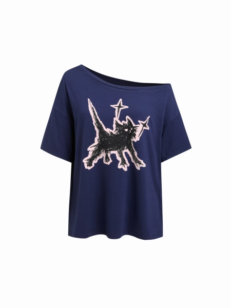 Cat Graphic Asymmetrical Neck Short Sleeve Tee