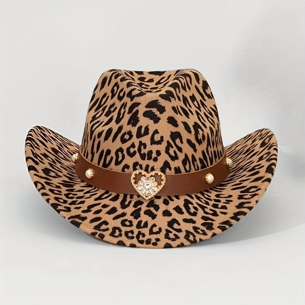 TEMU Women's And Men's Leopard Print Western Cowboy Hat With Detachable Heart Felt Strap- Lightweight Adjustable Quick Closure,