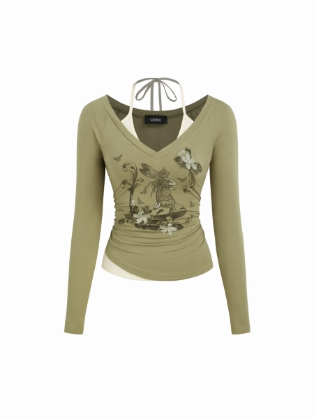 Cotton-blend V-neck Graphic Ruched Long Sleeve Tee