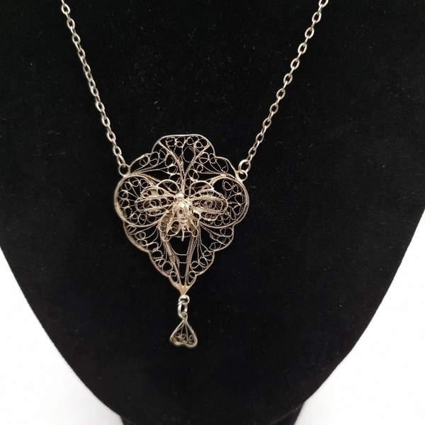 Silver Filigree Butterfly Pendant Necklace Dainty. Chain. Vintage Jewellery 