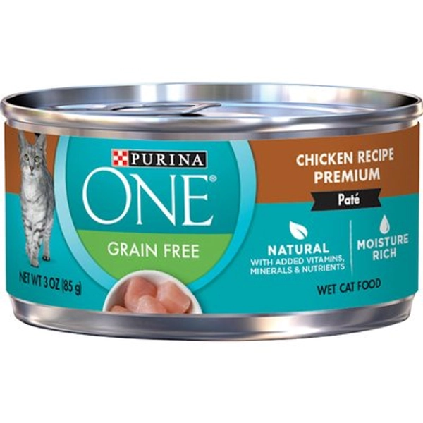 Purina ONE Natural High Protein Grain Free Chicken Recipe Pate Wet Cat Food, 3 oz, Case of 24
