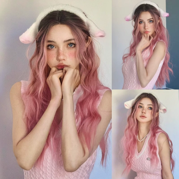 Pelucas onduladas de agua largas para mujer, peluca de parte media sintética obmre rosa, Cosplay de Halloween, peluca de fiesta diaria para mujer, pelo falso resistente al calor - AliExpress 