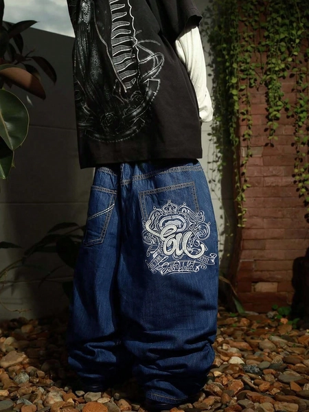 Grunge Goth Y2K Style Men's Casual Embroidered Loose Wide-Leg Jeans, Versatile All-Season, Fashionable Streetwear, Suitable For Work, Commute, Stage Performance, Hangout, Outdoor Wear