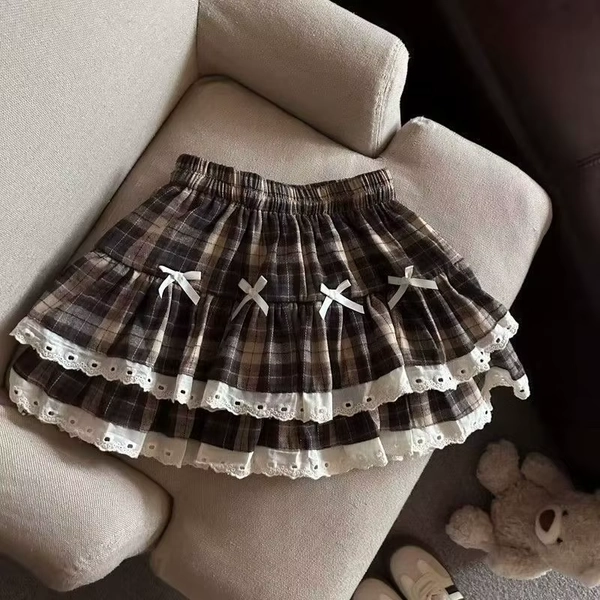 Sweet Cool Kawaii Y2K Puff Mini Skirt Women's Plaid High-Waist Lace Patchwork Bow Casual Dating Skirt  Lolita School Performance - AliExpress 200000345