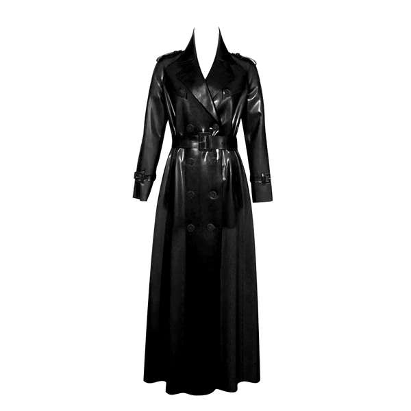 Latex Floor Length Trench Coat in supatex black