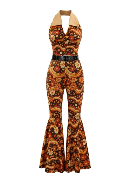 Orange 1970s Floral Print Patchwork Halter Jumpsuit
