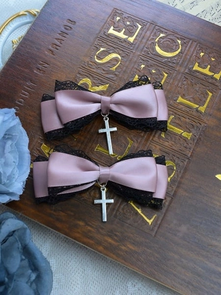 [$9.99]Black & Pink/Black Jirai Kei Lace Bow Hair Clip with Cross Charm