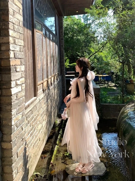 H Studio夏季「半夏粉海」新中式连衣裙女夏绝美网纱晨袍气质露背仙气甜美粉色挂脖生日裙子