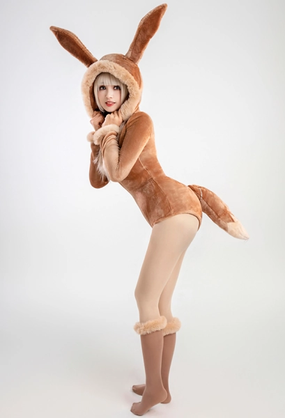 PM Derivative Sexy Lingerie Bodysuit Halloween Plush Fluffy Hooded Deep V Romper and Socks with Belt and Tail
