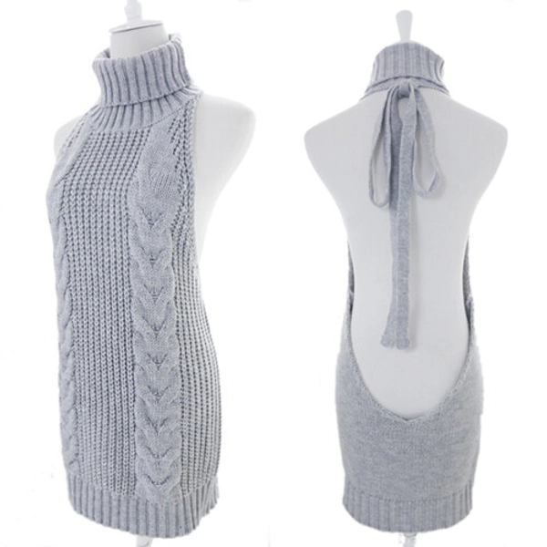 Women Backless Sleeveless Virgin Killer Pullover Cosplay Sweater Turtleneck Knit