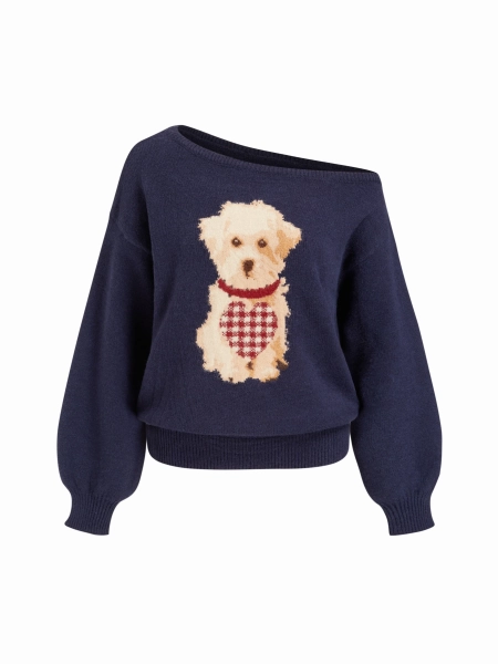 Knit Asymmetrical Neck Puppy Pattern Top