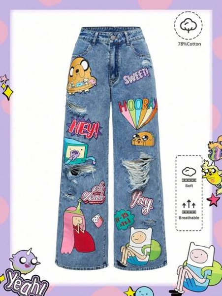Adventure Time X ROMWE Graffiti Cartoon Pattern Loose Fit Jeans